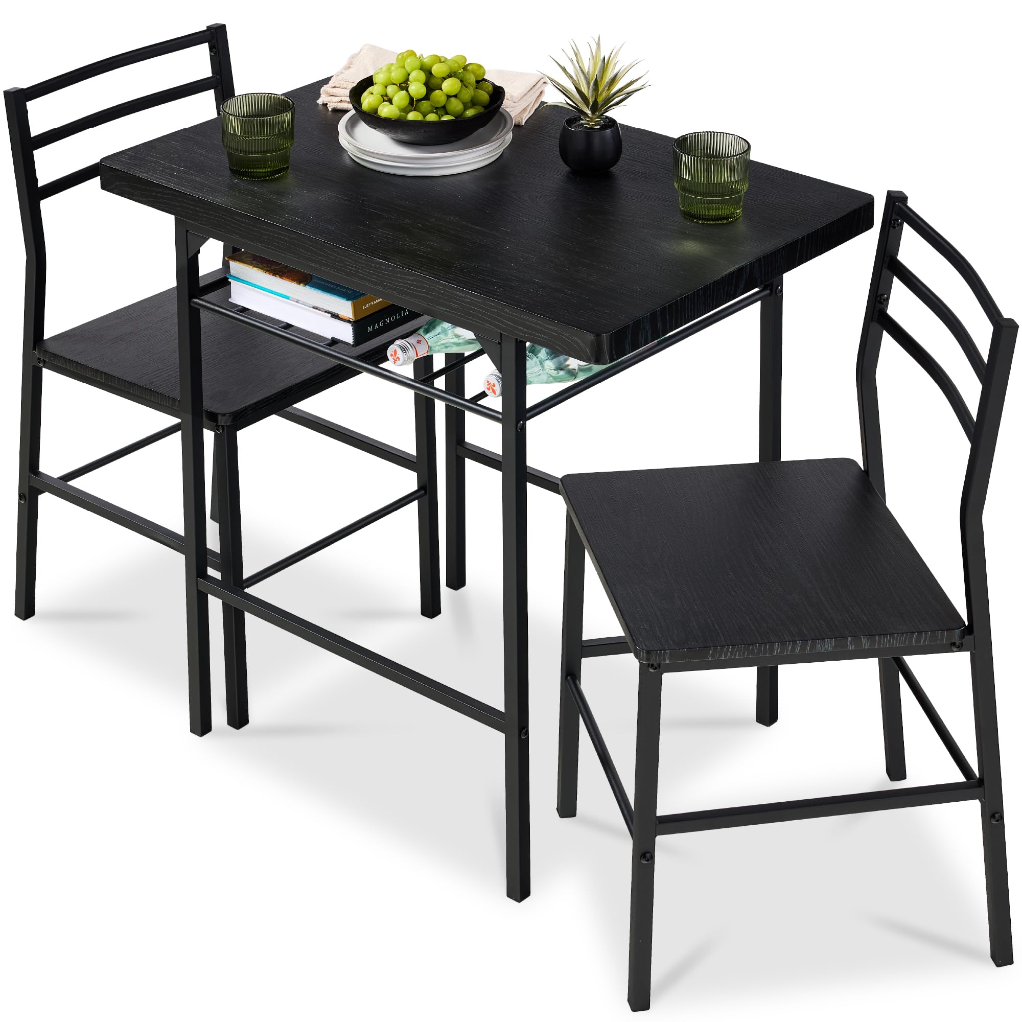 Best Choice Products 3-Piece Modern Dining Set, Space Saving Dinette for Kitchen, Dining Room, Small Space w/Steel Frame, Built-in Storage Rack - Black/Black Image