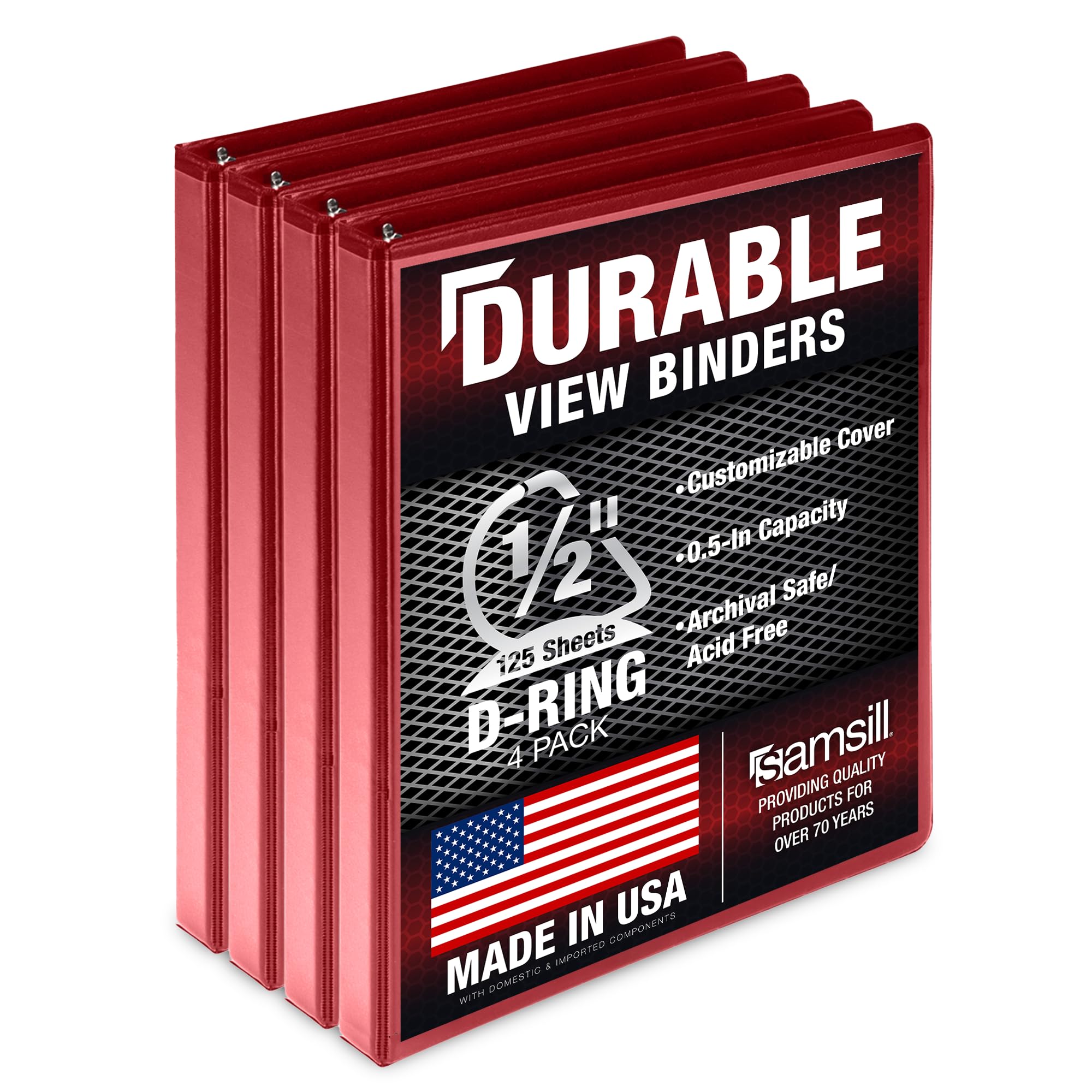 Samsill Durable 0.5 Inch Binder, Made in The USA, D Ring Binder, Customizable Clear View Binder, Red, 4 Pack, Each Holds 125 Pages