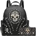 Sugar Skull Punk Art Rivet Stud Biker Purse Women Fashion Backpack Python Daypack Shoulder Bag Wallet Set (Black Set), Large