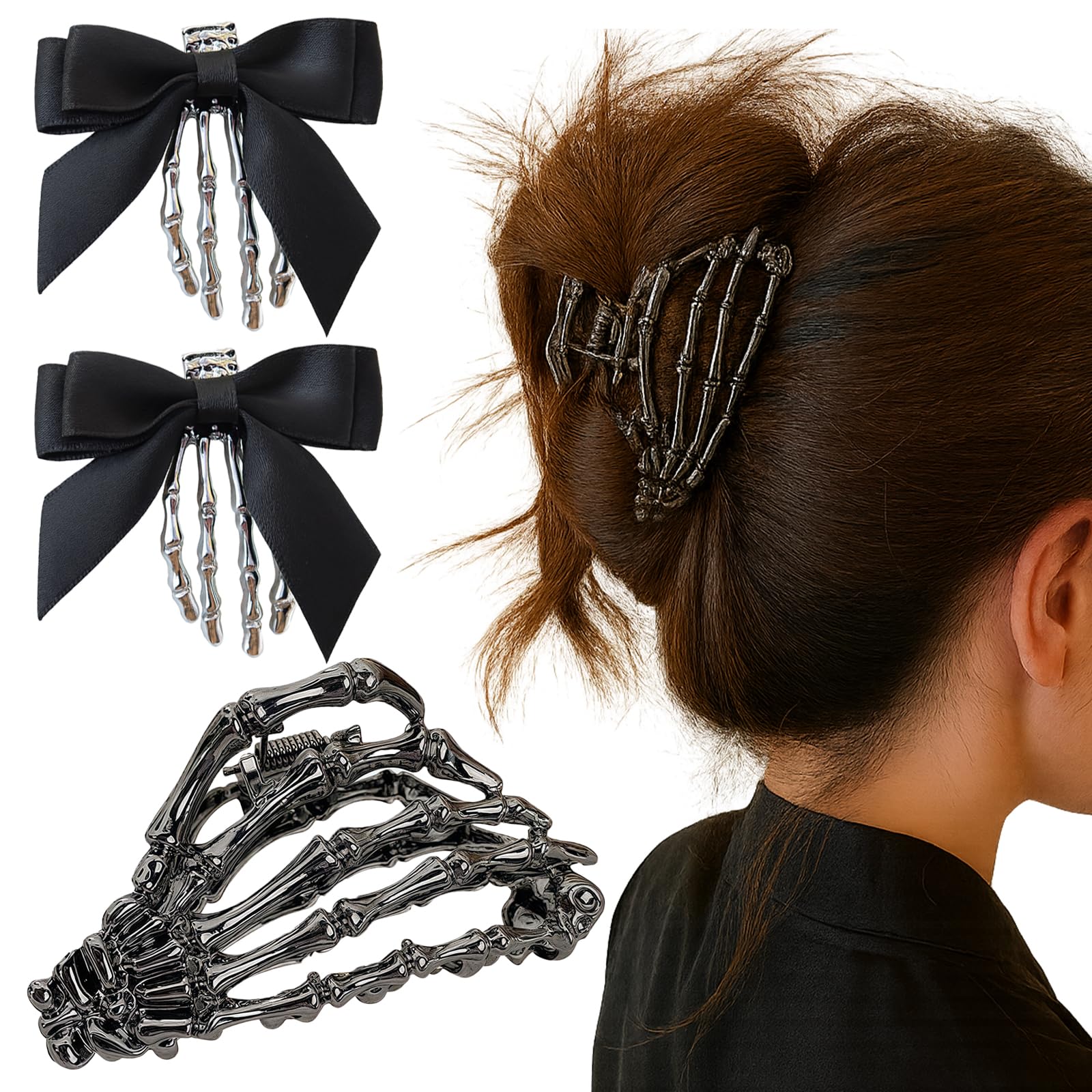 Photo 1 of 3Pcs Skeleton Hand Hair Clips with Bowknot, TWPER Halloween Cute Skull Claw Hairpins for Girls Party Cosplay 2 PACK