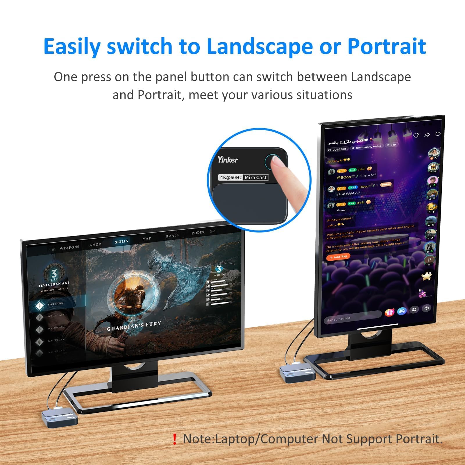 Yinker 4K60Hz HDMI Wireless Display Dongle Adapter, 2.4G/5G Miracast Screen Mirroring Receiver Adapter for iOS, MacOS, Android, Windows, Compatible Miracast, Airplay, DLNA - Landscape or Portrait