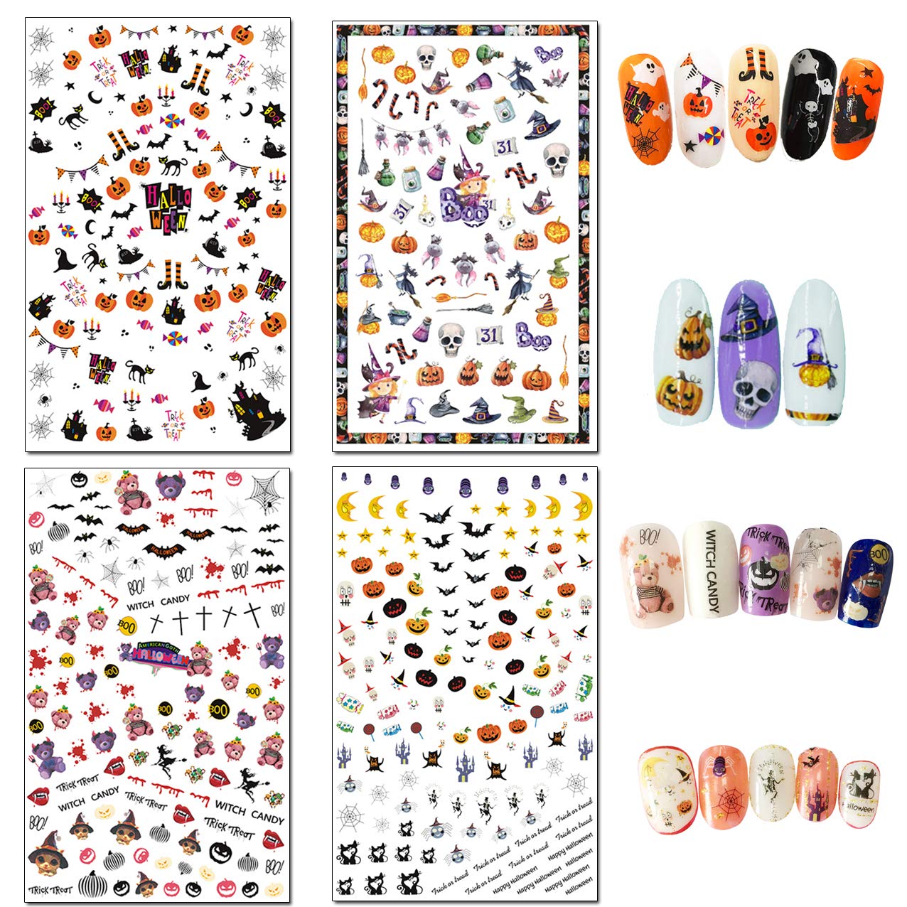 TailaiMei 1500 Pcs Halloween Nail Decals Stickers, 12 Sheets Self-Adhesive DIY Nail Art Tips Stencil for Halloween Party, Include Pumpkin/Bat/Ghost/Witch etc: Beauty