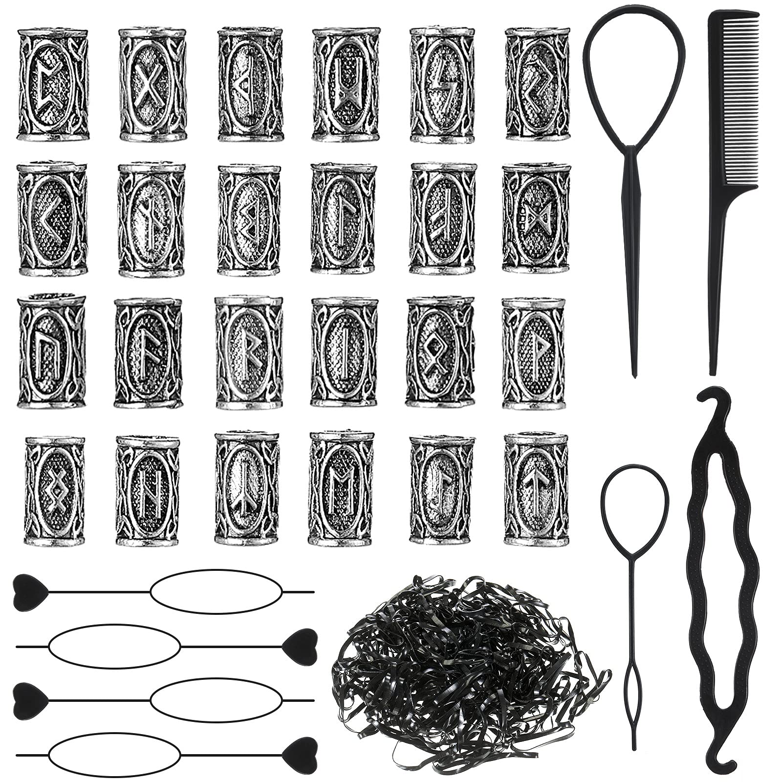 Photo 1 of Geosar 24 Pcs Norse Vikings Runes Hair Beard Beads for Bracelets Necklace Accessories DIY Includes 7 Pcs Pull Hair Pin Quick Beader Tool and Black Rubber Bands for Women Men(Silver)