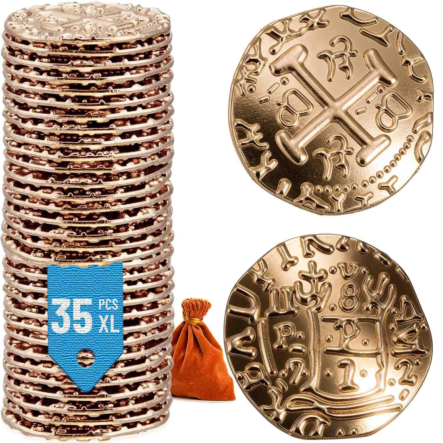 Prefdo Metal Pirate Coins, 35PCS X Large Gold Treasure Coin Set Spanish Doubloon Replicas Fantasy Metal Coins Pirate Gold Coins for Board Games Tokens Pirate Party Cosplay