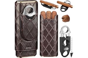 FANKAI Cigar Case, Travel Humidor Box with Cigar Cutter,Portable Cigar Storage Box Cedar Wood Lined,V-Cut Guillotine with Cigar Draw Enhancer Tool Needle, 2 Cigar Holder (cigar case with V cutter)