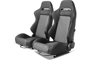 IKON MOTORSPORTS, Universal Racing Seats with Dual Sliders, Reclinable Black PU Leather & Shinny Mesh Fabric Sport Bucket Seats, 1 Pair Driver + Passenger Side