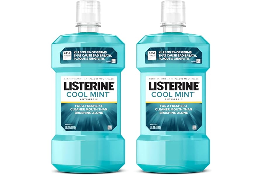 Listerine Cool Mint Antiseptic Mouthwash, Kills 99.9% of Germs That Cause Bad Breath, Plaque & Gingivitis, ADA Accepted, Clinically Proven, Cool Mint Flavor, for Adults, 1L Bottles, 2 Pack