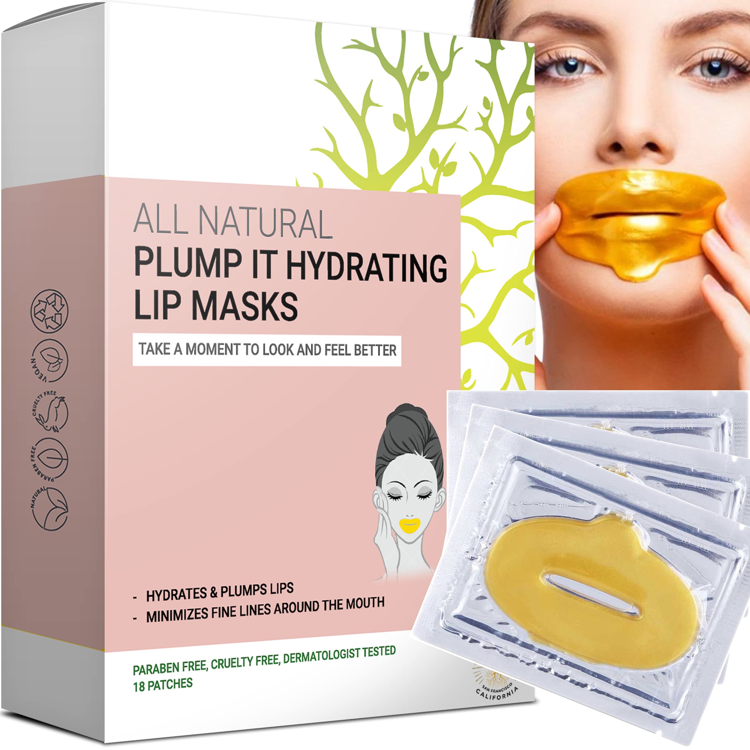 PLUMP IT Moisturizing Lip Mask by Doppeltree (18 patches) - lip plumper, moisturizer for dry lips, chapped lip care and repair, conditioning lip exfoliator treatment - Formulated in San Francisco