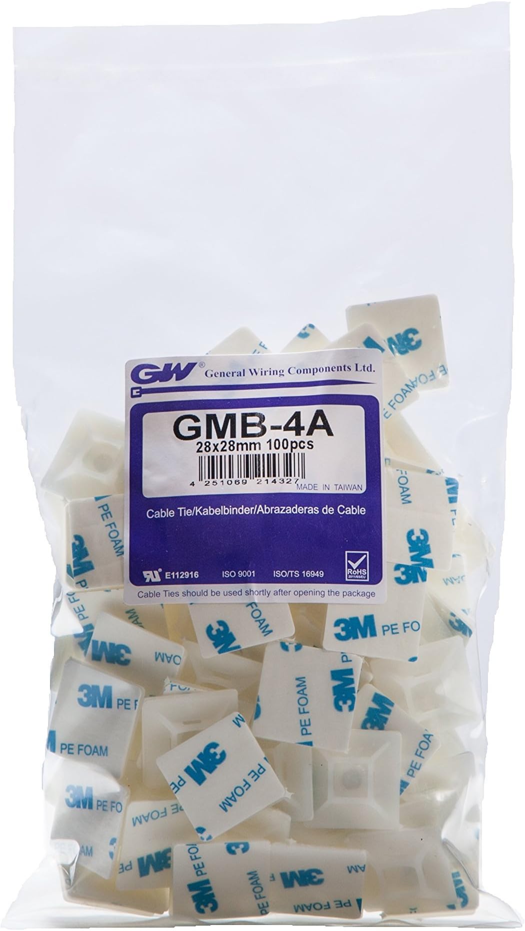 GW Wiring Products, Cable Tie Mount 28 x 28 mm Adhesive/Screwable, Natural, 100 pcs, GMB-4AC