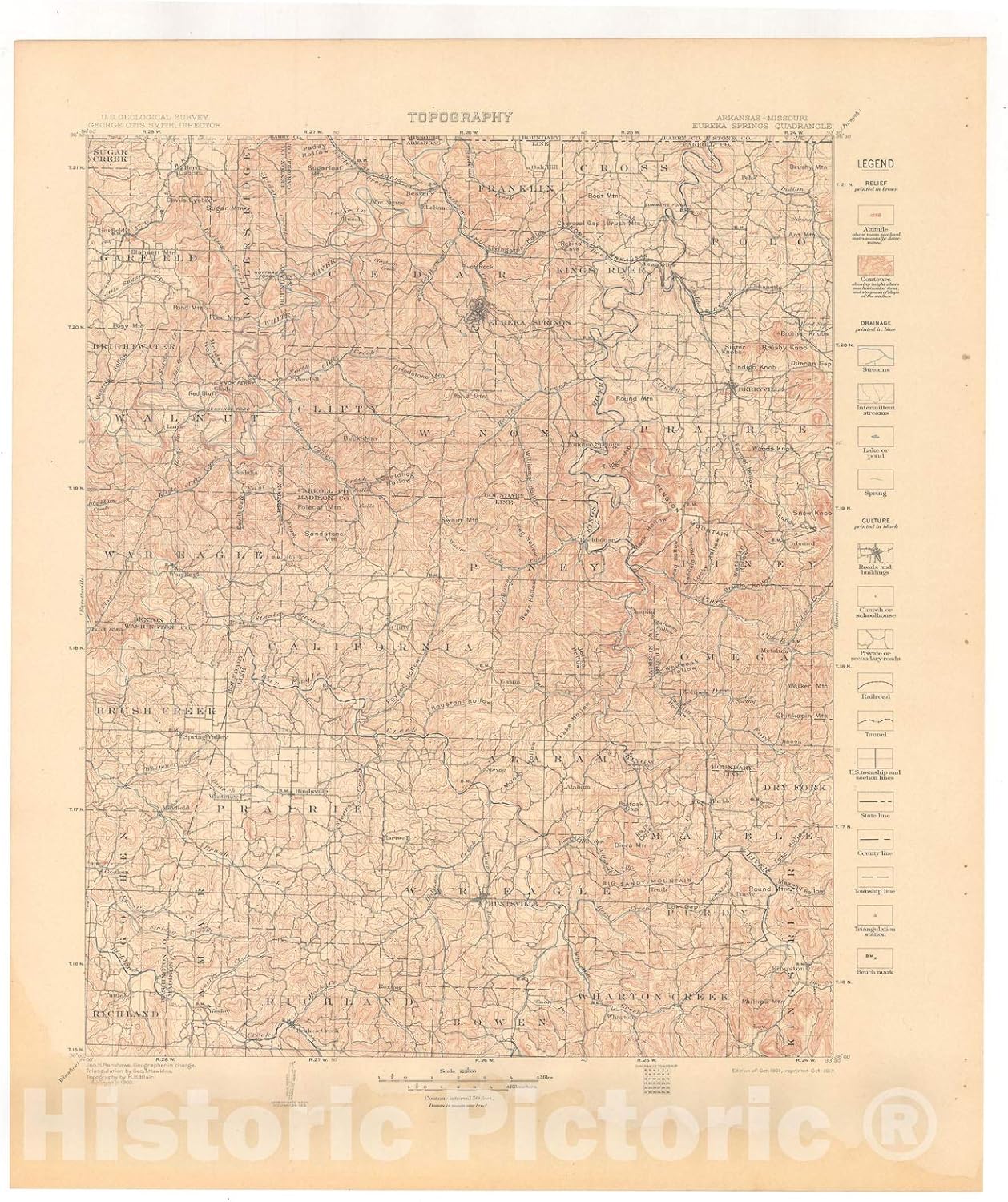 Historic Pictoric Map : Eureka Springs-Harrison Folio, Arkansas-Missouri, 1916 Cartography Wall Art : 20in x 24in