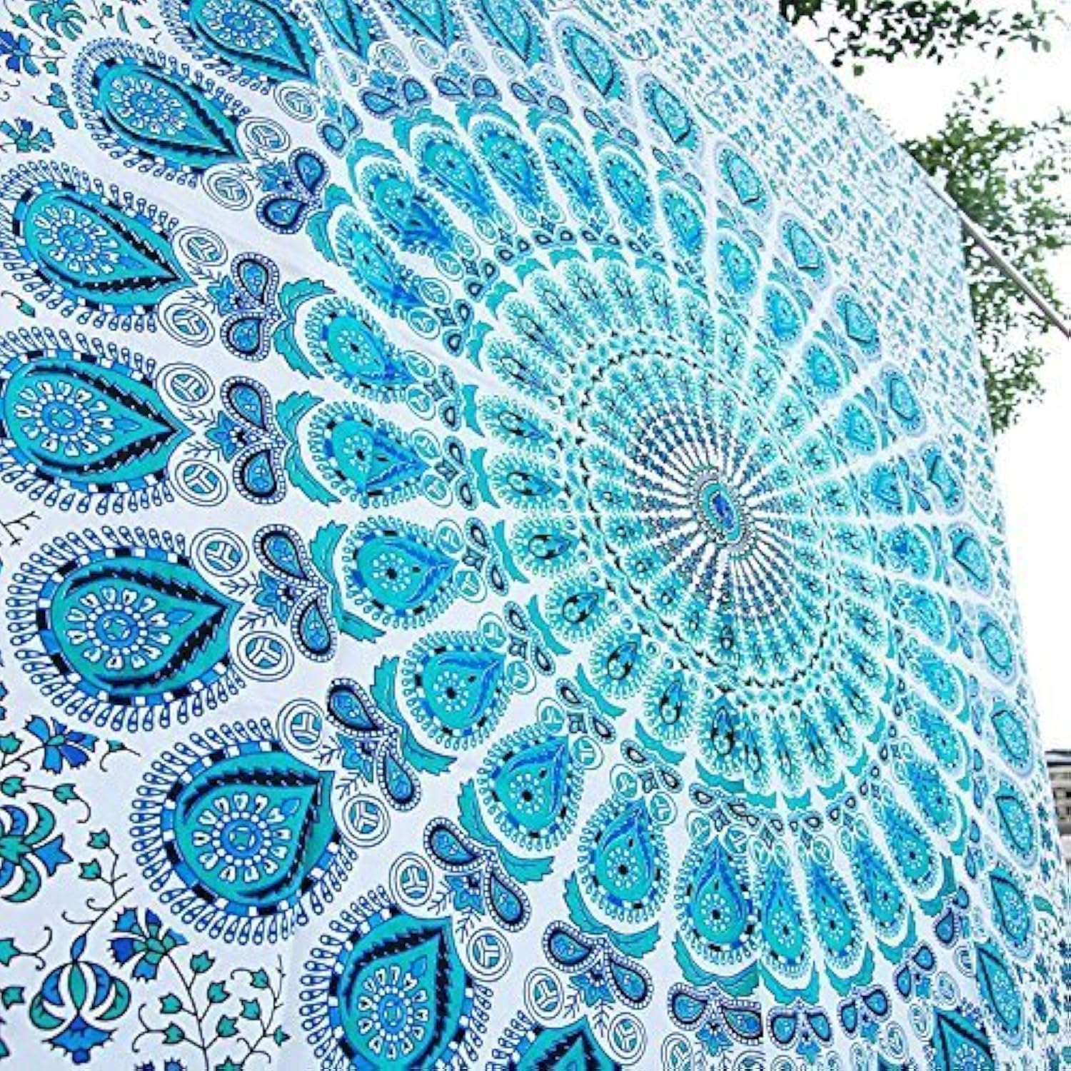 Bless International Indian hippie Bohemian Psychedelic Peacock Mandala Wall hanging Bedding Tapestry (Peacock Sky Blue, Queen (84x90Inches)(215x230Cms))