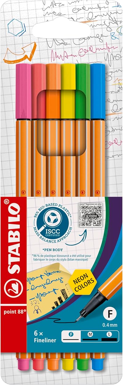 STABILO point 88 Fineliner Neon Pack of 6 0.4 mm Smudge Proof