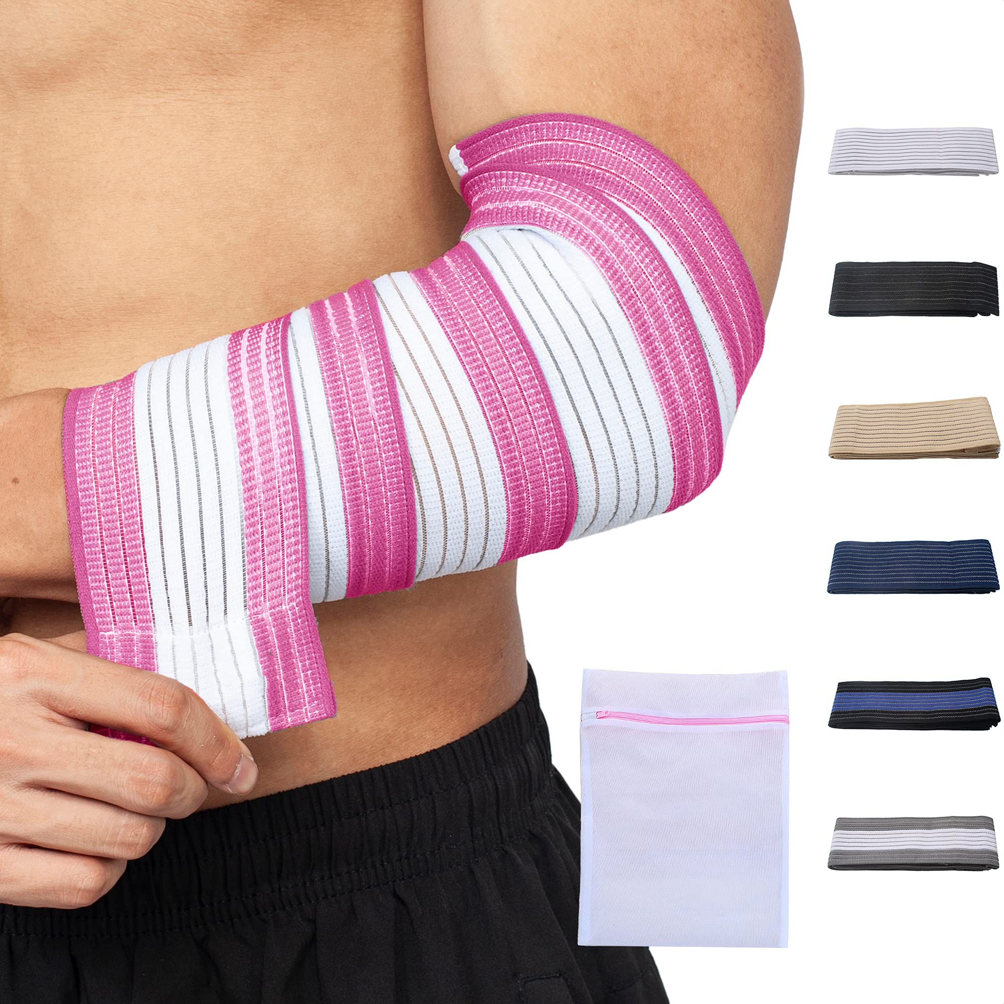 360 RELIEF - Elbow Support Brace Compression Bandage | Fitness, Gym, Workout, Squats, Powerlifting, Weightlifting, Relieve, Sports | White/Pink Mesh Laundry Bag |