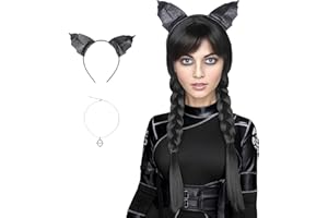 Koonfan Wednesday Long Black Braided Wig with Ears Hairband and Necklace for Adult Women Halloween Cosplay Party Costume Wig