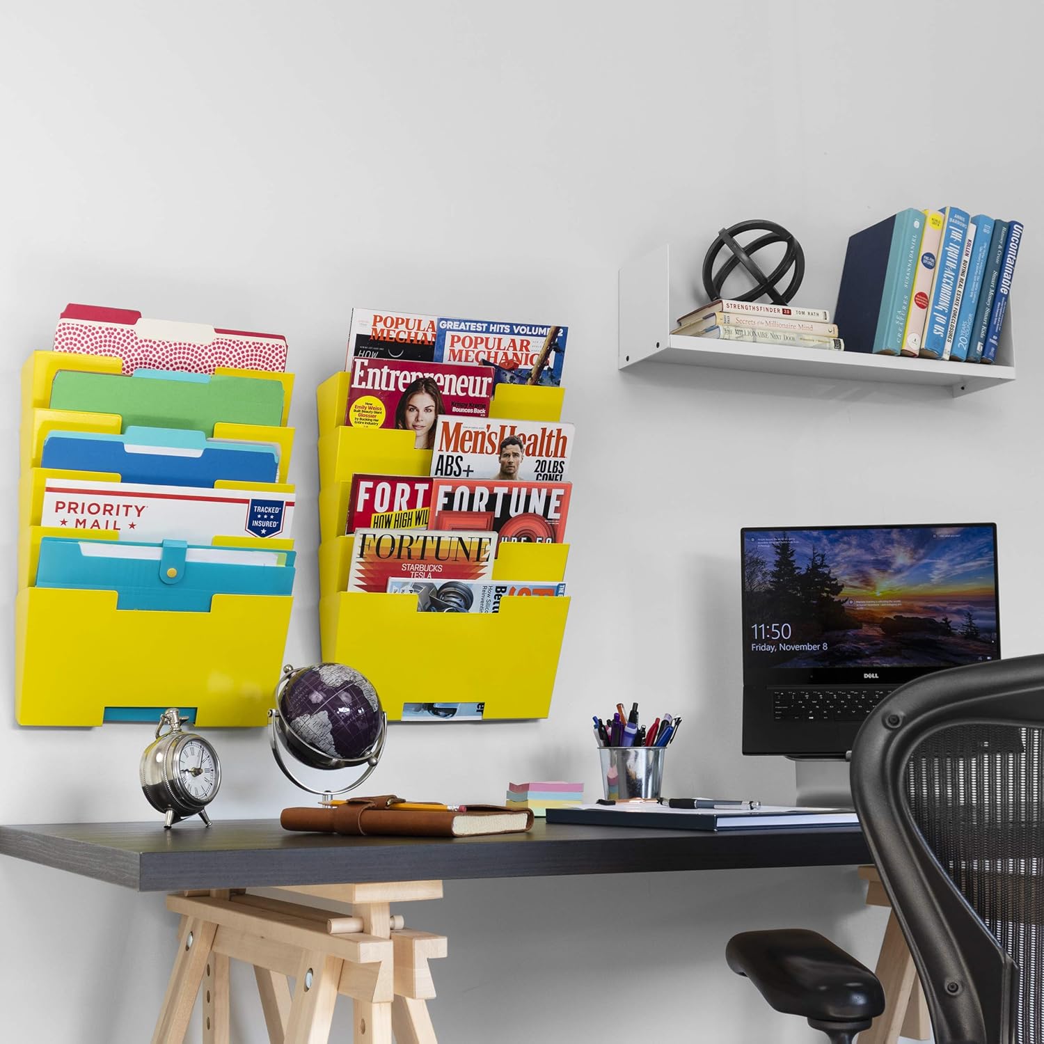 Wallniture Lisbon Metal Wall File Holder Organizer, 5-Tier Yellow Office Decor and Magazine Holder, File Folders Letter Size : Office Products
