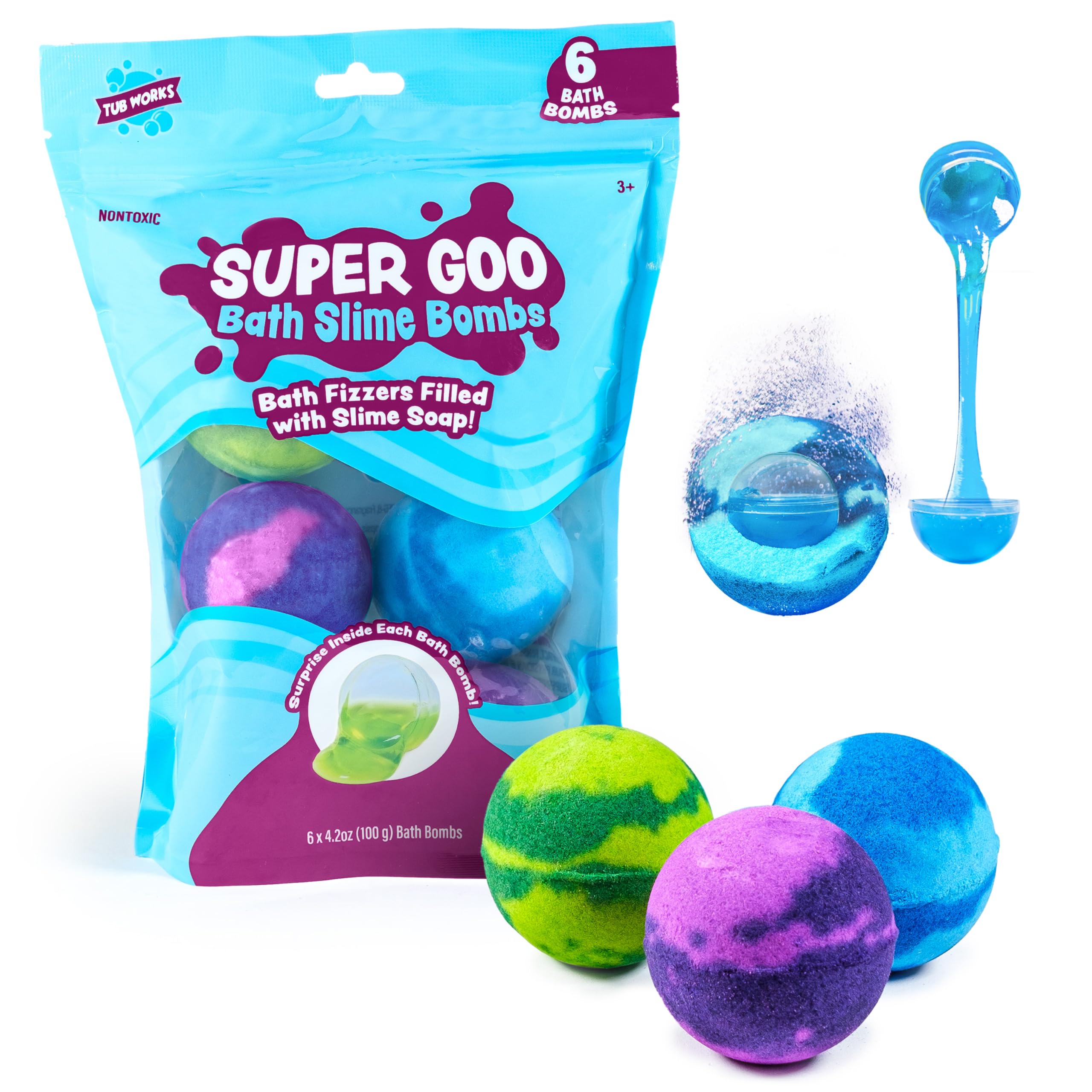 Super Goo Bath Slime 'Surprise' Bombs, 6 Pack | Kids Bath Bombs With Surprise Inside | Nontoxic | Stretchy, Squishy Slime Soap | Sensory Fun for Kids