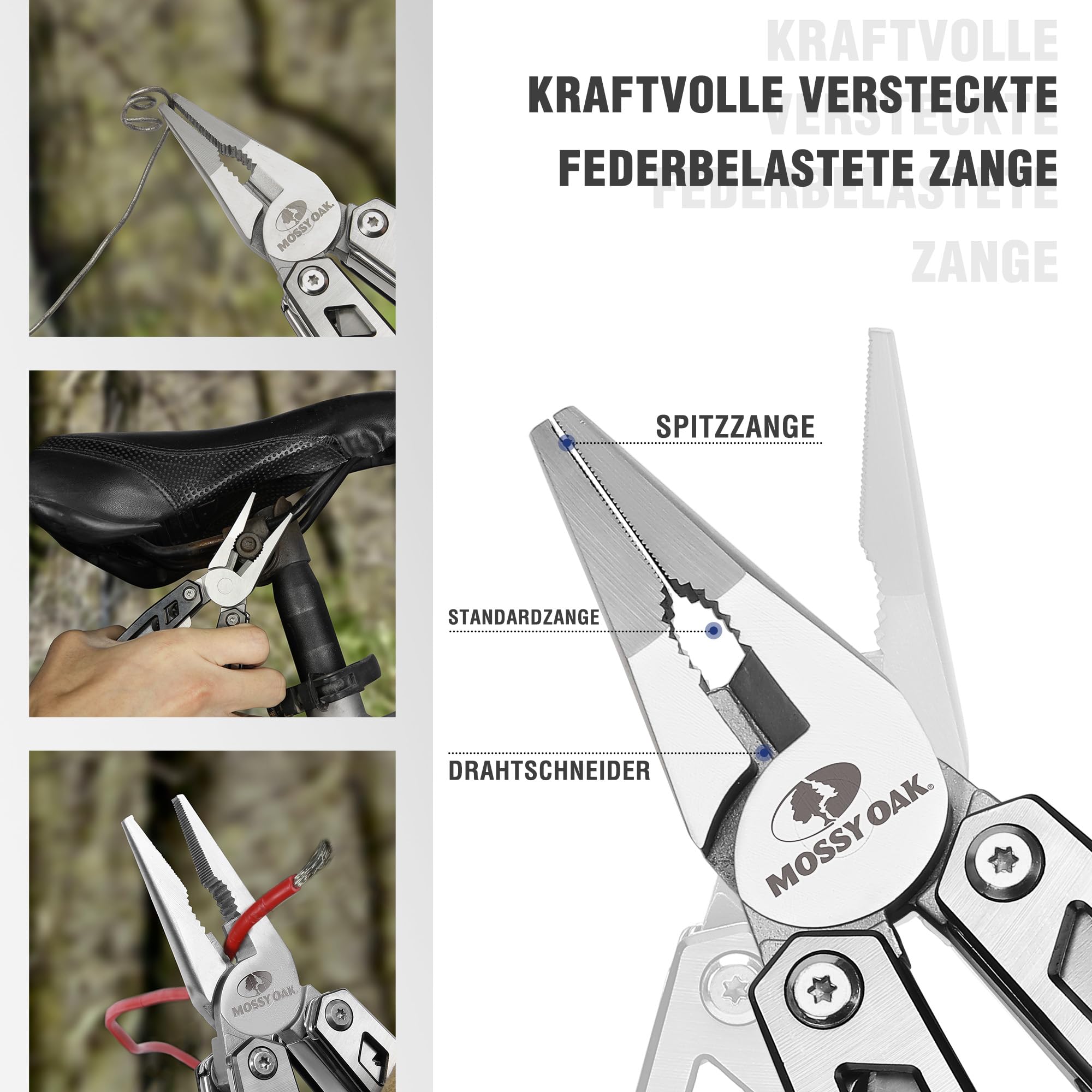 Mossy Oak Multifunktionszange,21 in 1 Multi-Tool Multifunktion mit Zange Klappmesser, Faltbares Multitool, Camping Wandern Reparieren,inkl tragbare Tasche 4