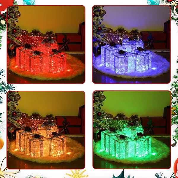 ATTGREAT CHRISTMAS LIGHTED GIFT BOXES, 100 LED LARGE SILVER PRESENTS GIFT BOX UNDER THE XMAS TREE FOR INDOOR OUTDOOR DECORATIONS（SET OF 4）