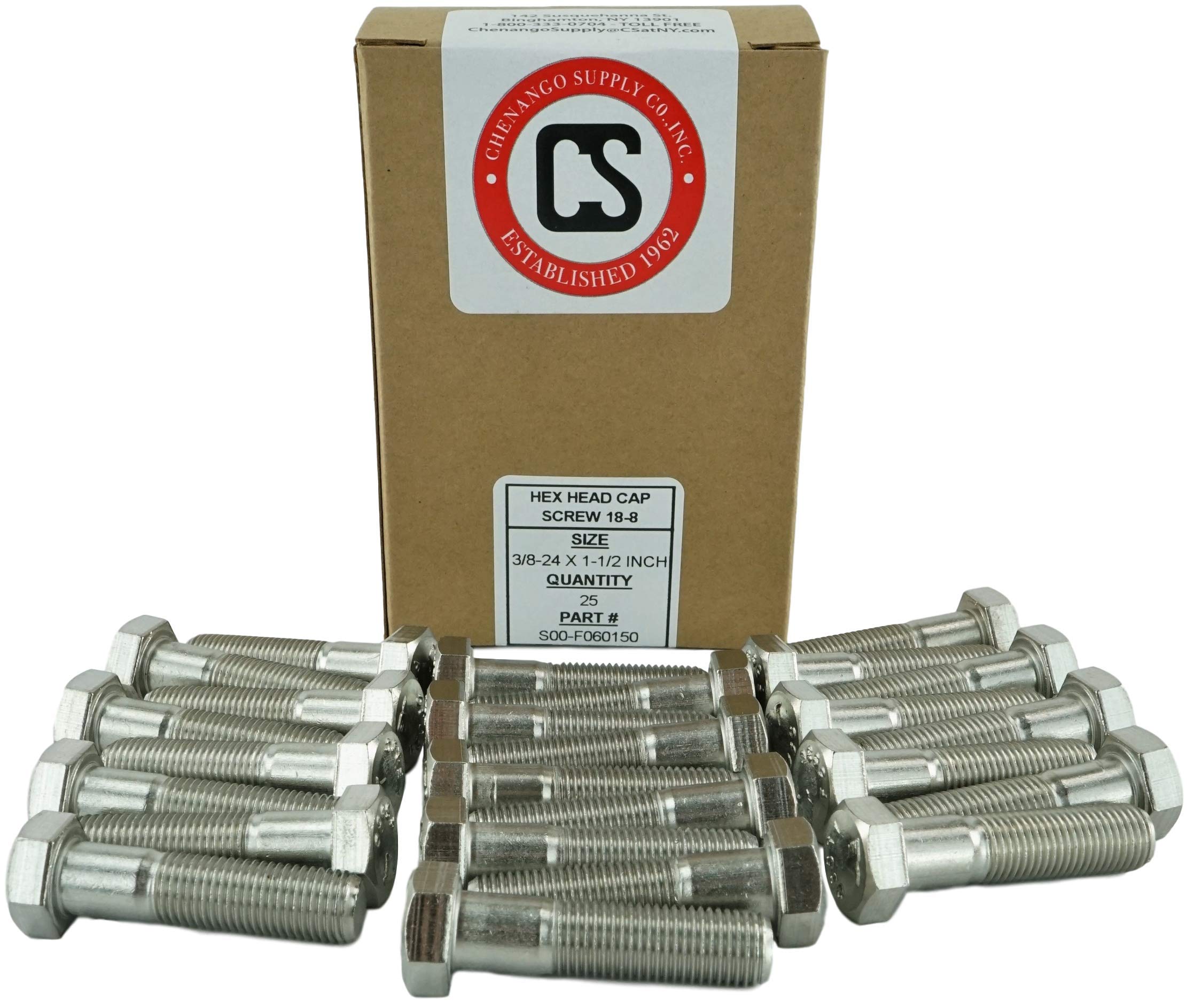 Stainless 3/8-24 x 1-1/2" Hex Head Bolts (3/4" to 5" Length in Listing), 304 Stainless Steel, SAE Fine Thread, 25 Pieces (3/8-24 x 1-1/2")