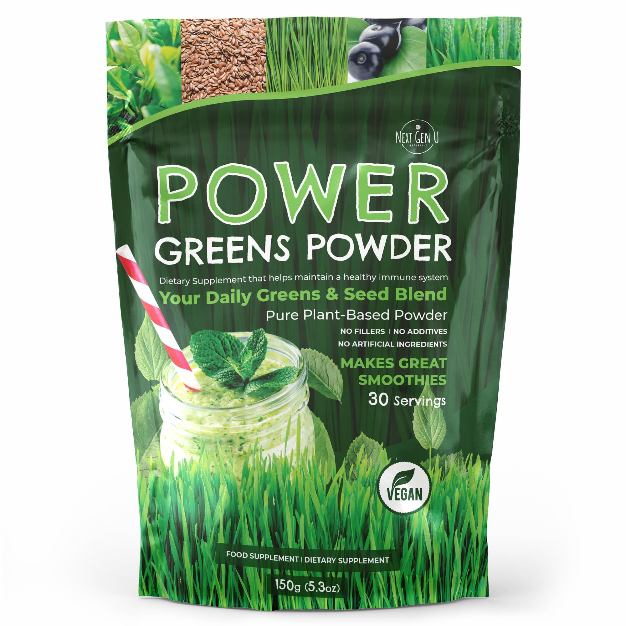 Super Greens Powder - 150g - Immune Support - Food Supplement - Superfood Greens - Smoothie Mix for Shakes - Detox & Healthy Boost for Juice Beverages or Any Drink - by NextGenU