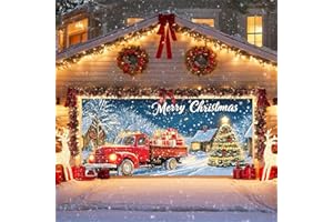 IVN Christmas Garage Door Banner 6x13 ft Red Vintage Truck with Gifts Backdrop Garage Door Covers Decorative Holiday Garage Door Cover Mural Snowy Christmas Tree Scene