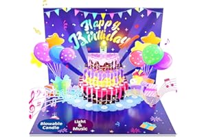 FITMITE Birthday Cards, Musical Pop Up Birthday Cards with Light, Blow Out LED Light Candle and Play Happy Birthday Music Pop Up Card, Birthday Gifts for Women Men Husband Wife Kids Greeting Cards