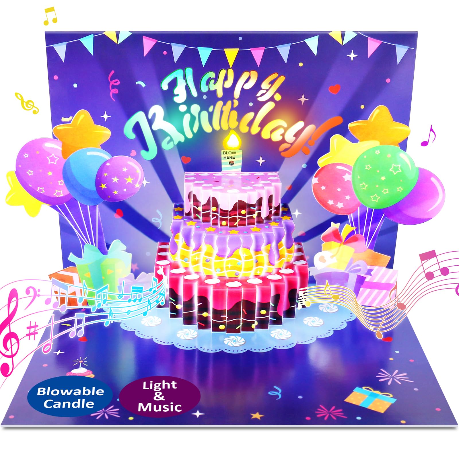 Photo 1 of FITMITE Birthday Cards, Musical Pop Up Birthday Cards with Light, Blow Out LED Light Candle and Play Happy Birthday Music Pop Up Card, Birthday Gifts for Women Men Husband Wife Kids Greeting Cards