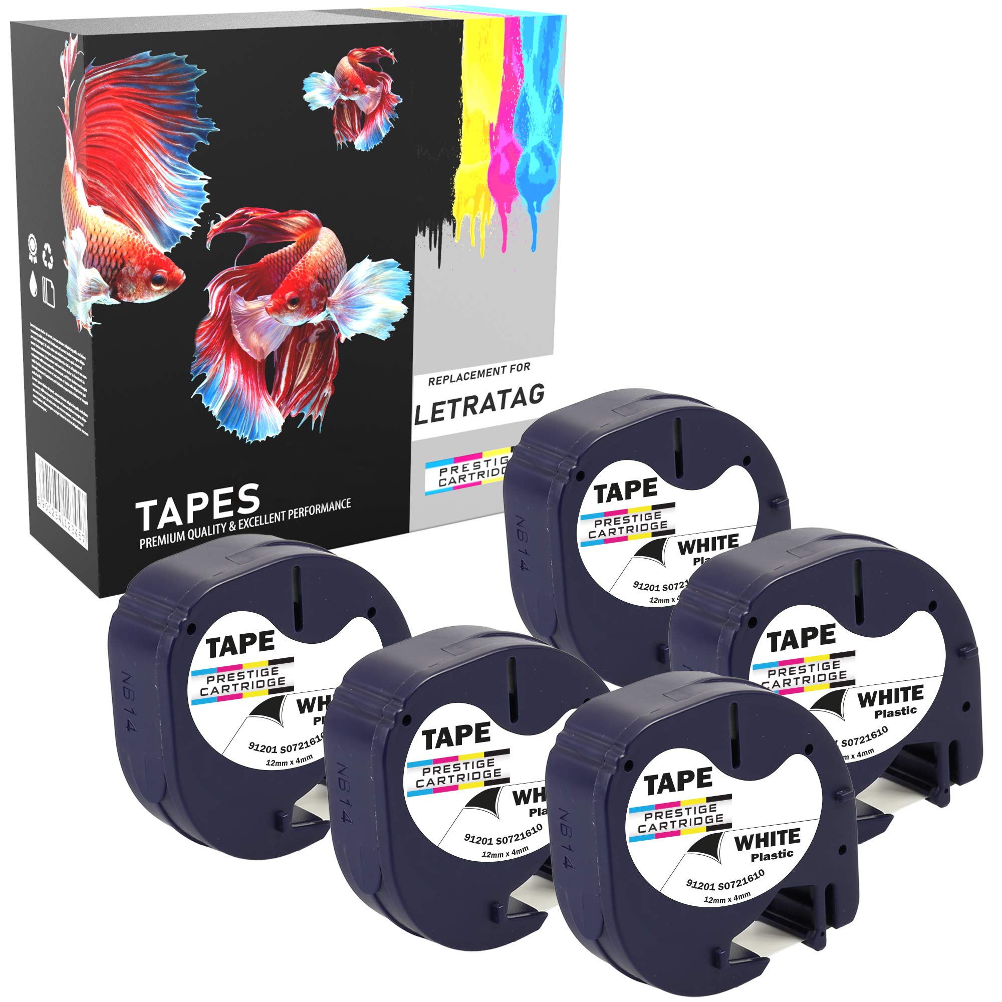 Prestige Cartridge 5 Compatible 91201 S0721610 S0721660 Black on White 12mm x 4m Plastic Label Tapes for Dymo LetraTag LT100H LT100T LT110T QX50 XR XM 2000 Plus Label Makers