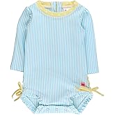 RuffleButts Baby/Toddler Girls Seersucker Long Sleeve One Piece Rash Guard Swimsuit with UPF 50+ Sun Protection