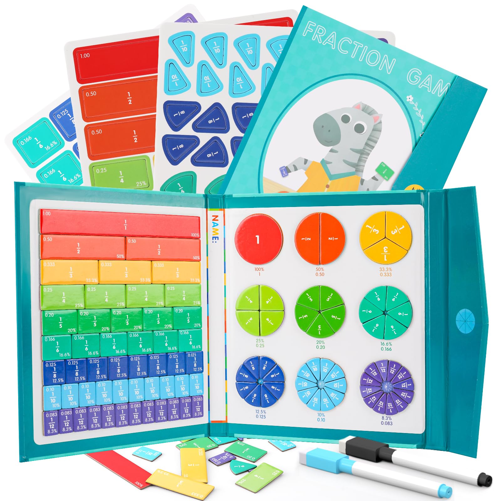 FIPKE Magnetic Fraction Educational Puzzle, 102 Pcs Magnetic Fraction Puzzle for Kids, Magnetic Fraction Tiles & Fraction Circles, Fractions Manipulatives Learning Games for Elementary School