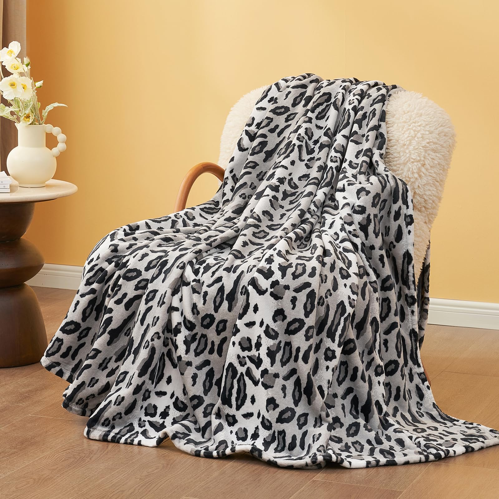 Cozy Bliss Leopard Print Fuzzy Throw Blanket for Bed & Couch, Thick Soft Warm Fleece Blankets for Room Decor, for Girls Kids Women Men, Snow Leopard, Grey 90"*90" Image