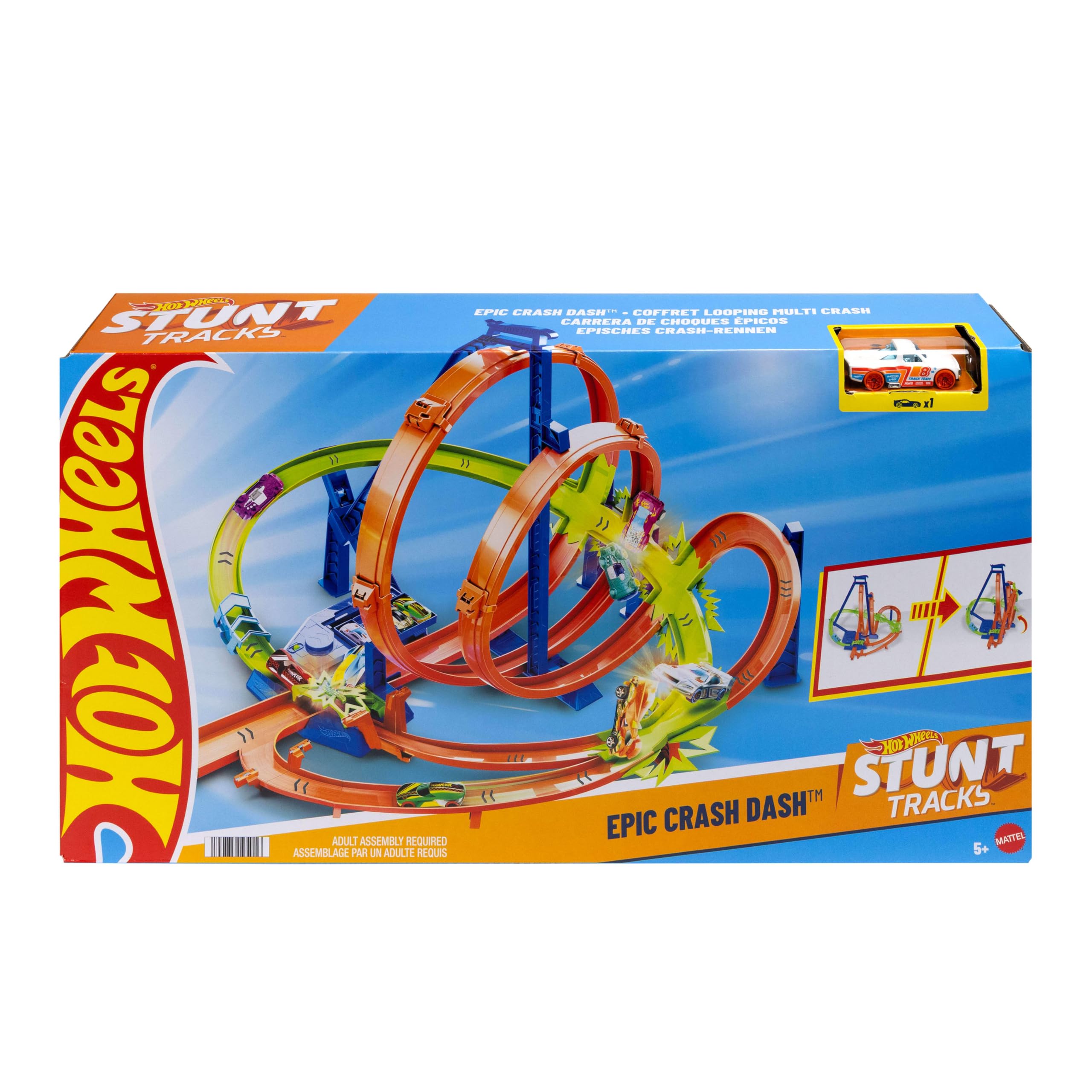 Hot Wheels -Trackset, Episches Crash-Rennen mit 5 Crash-Zonen, motorisiertem Beschleuniger und 1 Hot Wheels Auto im Maßstab 1:64, leicht aufzubewahren, HTP55 7