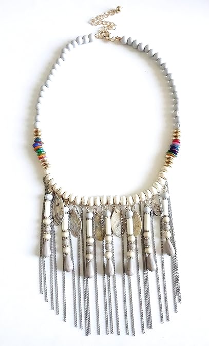 Ref2c95 Co 1551 Collier Fantaisie Femme Style Boho Chic Ras De Cou Boheme De Perles En Bois Beige Et Gris Nacres Et Chaines Amazon Fr Bijoux