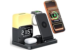 QUZUDN 6-in-1 Wireless Charging Station, Charger Stand for Apple Multiple Devices, for iPhone 17 16 15 14 13 12 Pro Max Watch Airpods, Wireless Charger iPhone Charging Station with Night Light/Alarm Clock