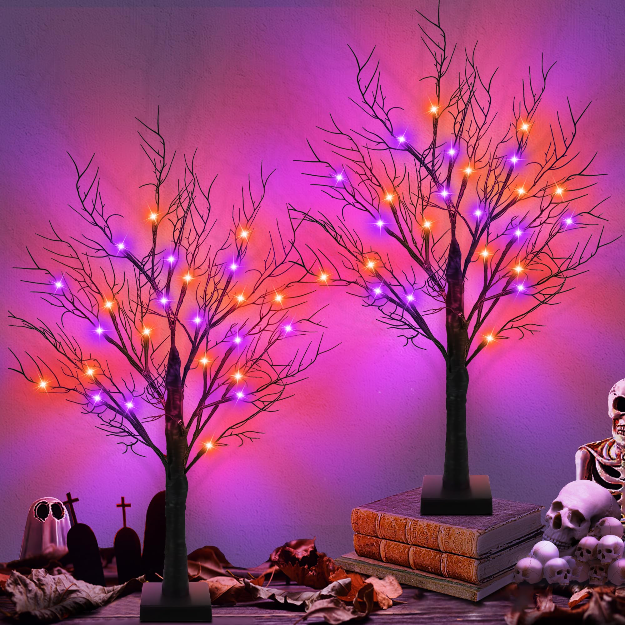 Photo 1 of [Timer] 2 Pack Halloween Decorations Indoor, 24 Inch Halloween Tree with 24 Orange & Purple Lights, USB & Battery Operated Black Spooky Tree Halloween Table Decorations Indoor Home Party Decor Room