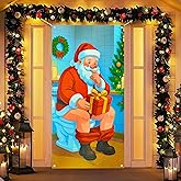 BlissYard Merry Christmas Door Cover 71x35 Inch Front Porch Door Banners Decoration Winter Santa Claus with Gift Box Bathroom Scene Christmas Tree Candles for Sign Party Indoor Decor