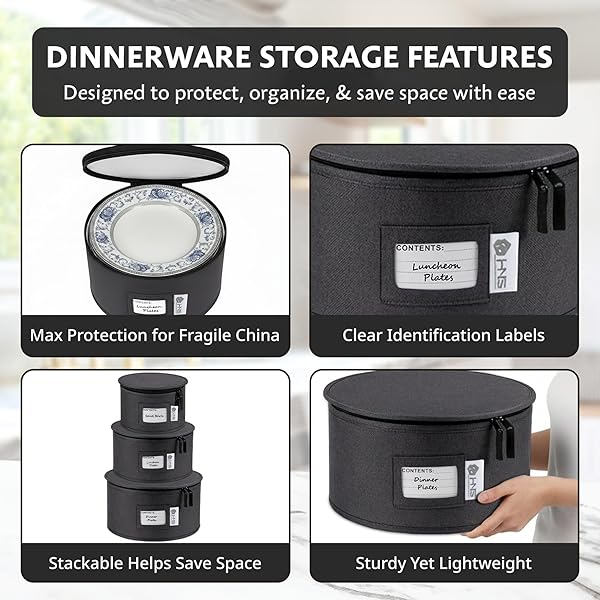 CHINA STORAGE HARD SHELL CONTAINERS 5-PIECE SET MOVING BOXES FOR DINNERWARE, GLASSES, PLATES, MUGS AND SAUCERS STURDY DISH ORGANIZER WITH DIVIDERS FOR SEASONAL STORAGE – SERVICE FOR 12 – BLACK QUILTED