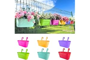 LaLaGreen Rail Planter (9.8 Inch, 6 Pack) Colorful Metal Outdoor Hanging Flower Pots for Railing Garden Decor Balcony Gardeni