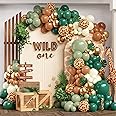 Safari Jungle Balloon Garland Arch Kit for Wild One Birthday Party Decorations, 157Pcs Sage Green Brown Balloons with Animal Print Balloons Palm Leaves for Safari Baby Shower Woodland Tropical Party