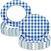 EggSun Blue Gingham Oval Paper Plates 10" x 12",Large Disposable Heavy Duty Paper Plates Blue and White Buffalo Checked Plaid for Birthday Wedding Bridal Baby Shower Tea Party Supplies,50 Guests