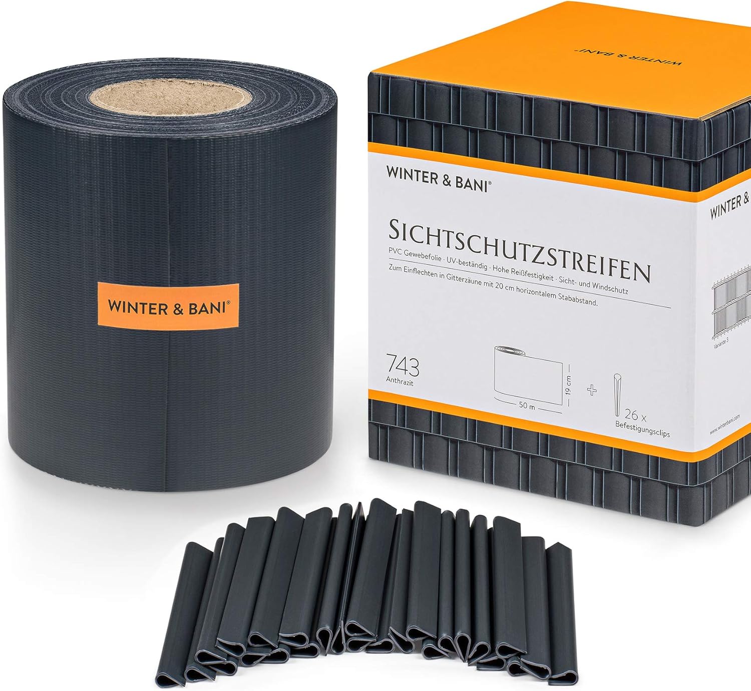 Winter & Bani Sichtschutzstreifen 50 Meter x 19 cm inkl. 26 Clips, Diverse Farben (50 m, Anthrazit)