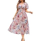 Women's Floral Maxi Dress Flowy V Neck Empire Waist Summer Wedding Guest Party Casual Chiffon Dress