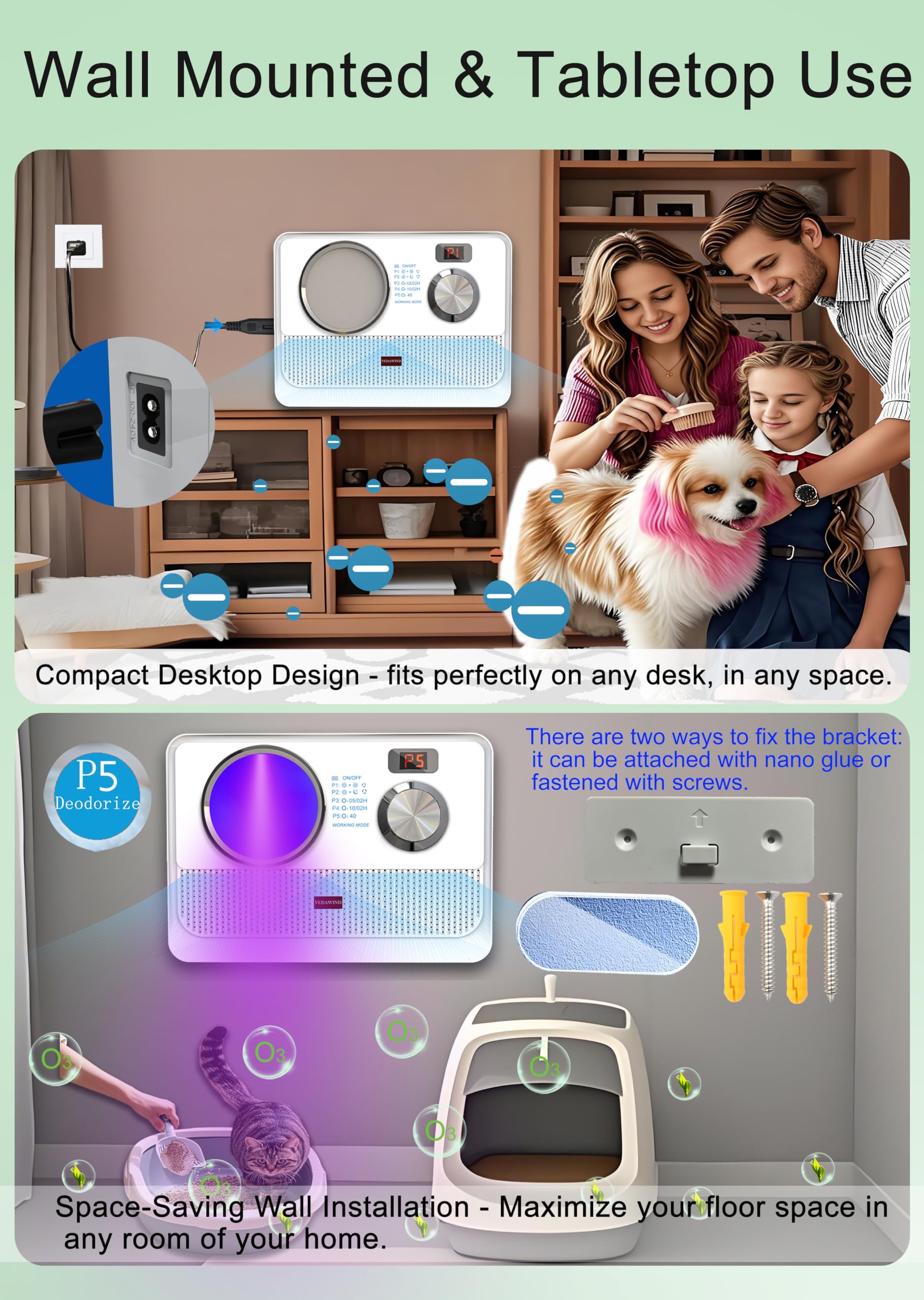 Vedawind 3-in-1 Air Purifier, Cat Litter Deodorizer, Air Freshener for Home with Ozone, Ionizer, U Light – Reduce Pets Poof Odor, Litter Smell, Smoke, Dust,Plug-in to Use