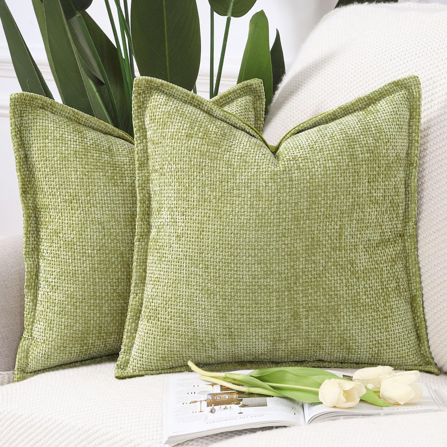 Madizz Set of 2 Chenille Velvet Cushion Covers with Flange Soft Boho Textured Throw Pillow Covers Broadside Pillowcases Modern Farmhouse Home Decor for Sofa Bedroom Light Green 16x16 inch, 40x40 cm