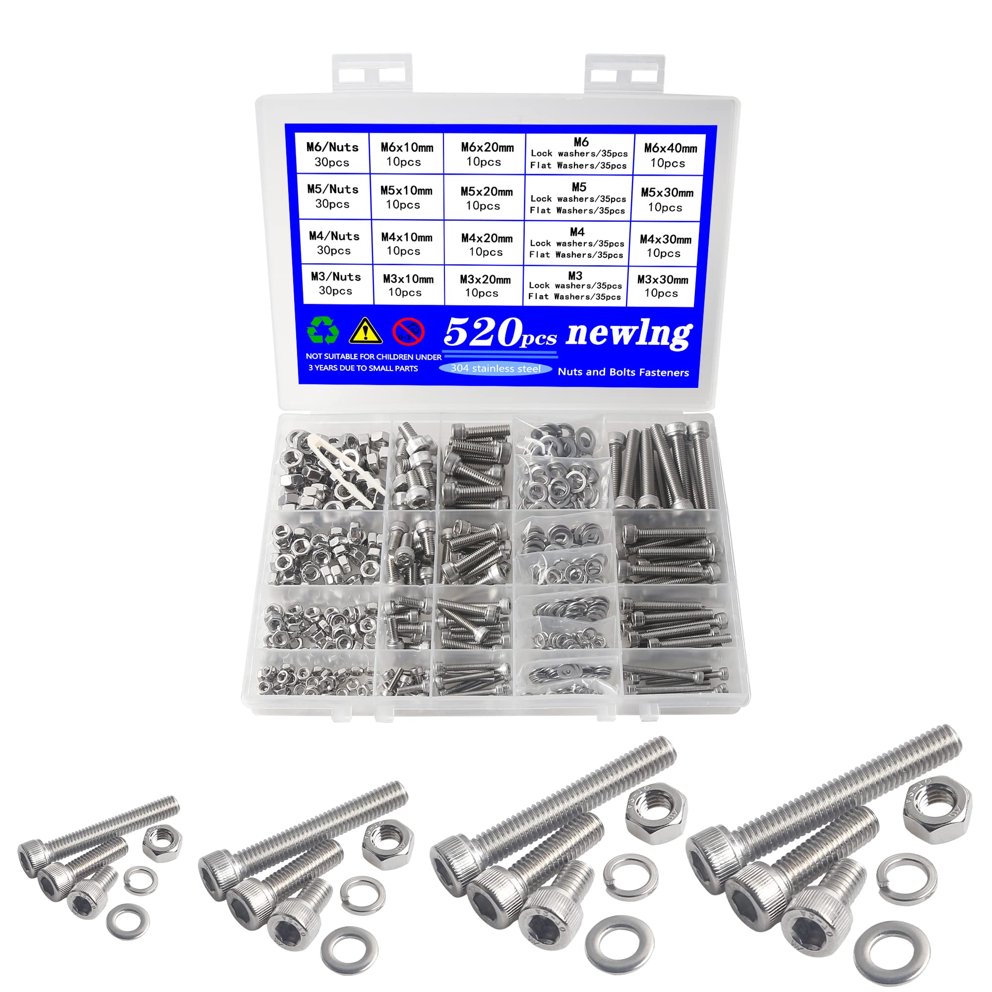 newlng 520pcs Bolt Set Stainless Steel M3 M4 M5 M6 Cylinder Screws with Hexagon Socket 304 Stainless Steel Screws with Nuts Washers Set A2-70 Hexagon Bolt for DIY Fixing Accessories — image 1
