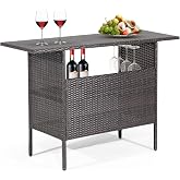Tangkula Outdoor Wicker Bar Table, Patiojoy All Weather Patio Bar Height Table with 2 Metal Mesh Shelves &amp; 2-Rail Steel Stemware Racks, Rattan Bar Counter Table for Backyard, Poolside (Mix Brown)