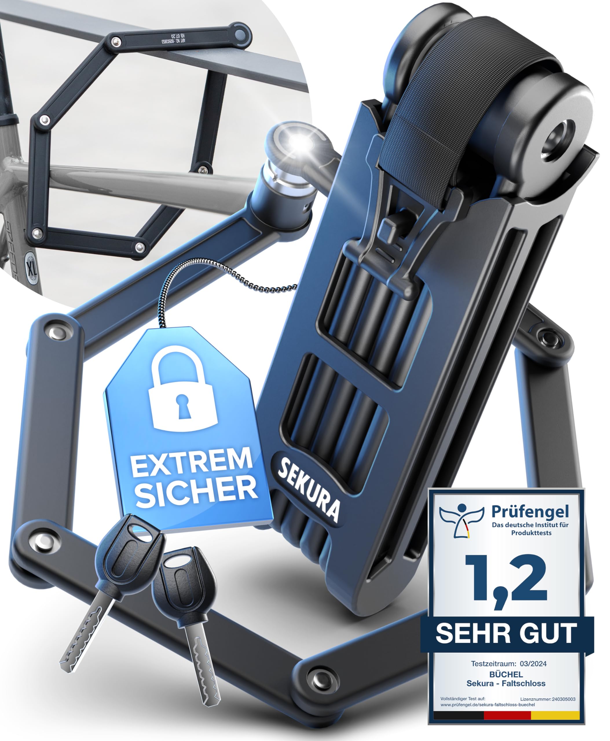 BÜCHEL Sekura Faltschloss Fahrrad | Sicherer Diebstahlschutz | Gehärteter Stahl | 85 cm Länge | Inkl. Halterung | Fahrradschloss für Bike, E-Bike & Motorrad