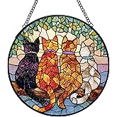 Yjeslw Cat Stained Glass Window Hanging Suncatchers, Cat Mom Lovers Owner Gifts Sun Catchers Indoor Window Glass Wall Art Decor, Cats Wall Hanging Decorations Sculptures, 7.9x7.9in