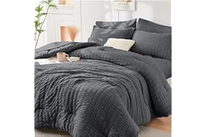 HYMOKEGE Queen Comforter Set Seersucker 7 Pieces, All Season Luxury Bed in a Bag for Bedroom, Bedding Set with Comforters, Sheets, Pillowcases & Shams, Dark Grey