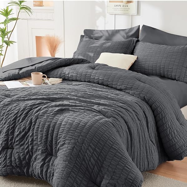 HYMOKEGE Queen Comforter Set Seersucker 7 Pieces, All Season Luxury Bed in a Bag for Bedroom, Bedding Set with Comforters, Sh